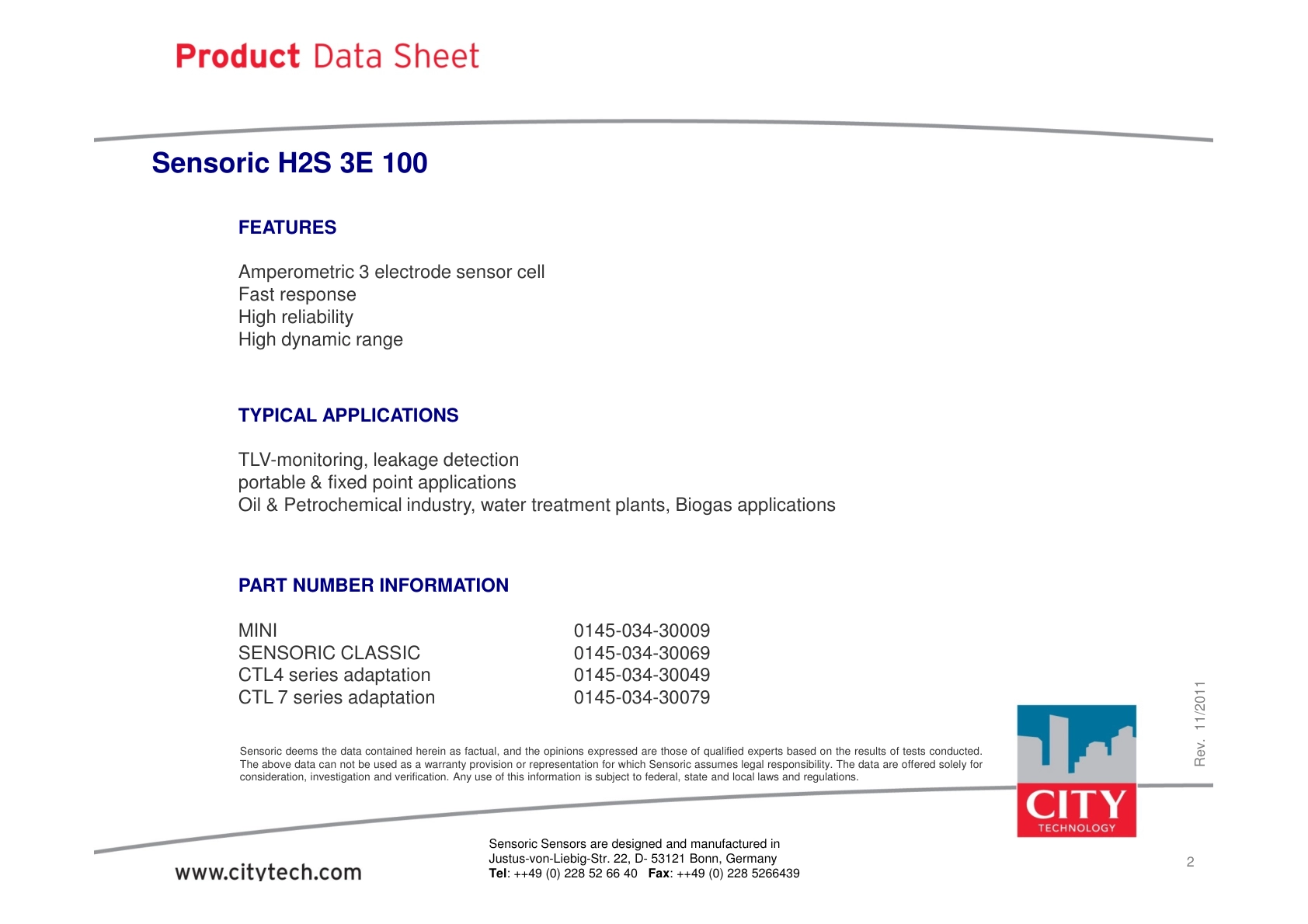 CITY-硫化氢TechData_H2S_3E_100_rev201111说明书