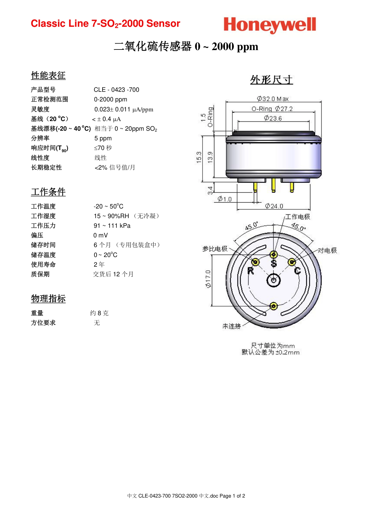 霍尼韦尔-7SO2-2000说明书