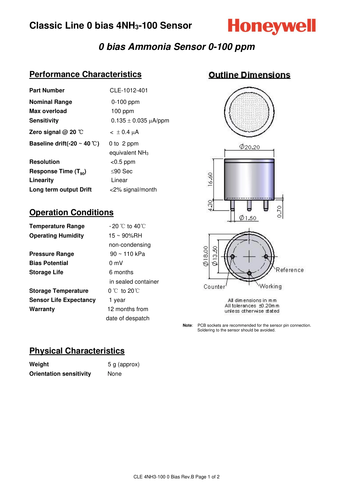 霍尼韦尔-CLE-1012-401-CLE-4-NH3-100-0-bias-RevB说明书