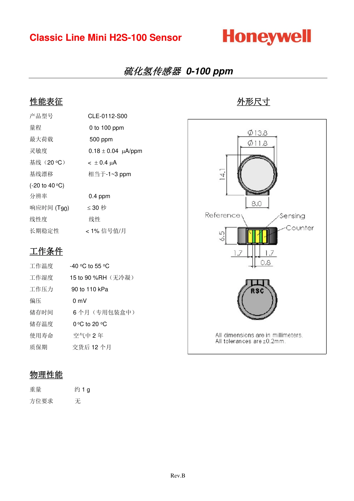 霍尼韦尔-mini-H2S-100说明书